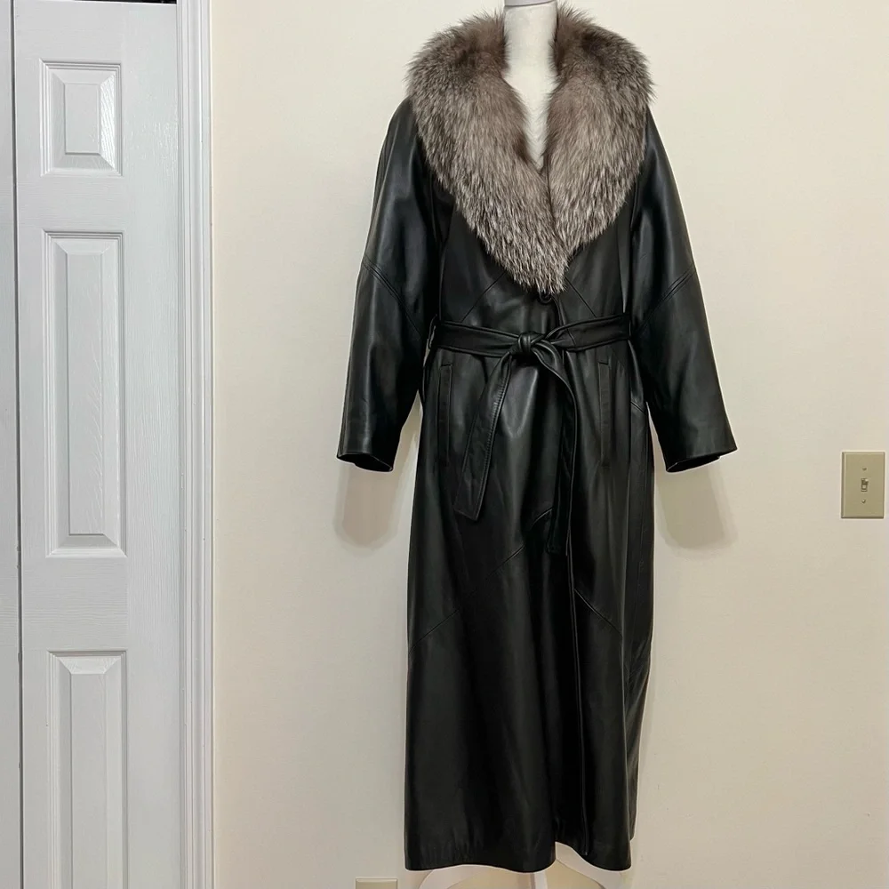 Long Leather Coat w/Sheepskin Collar - Picture 6 of 16